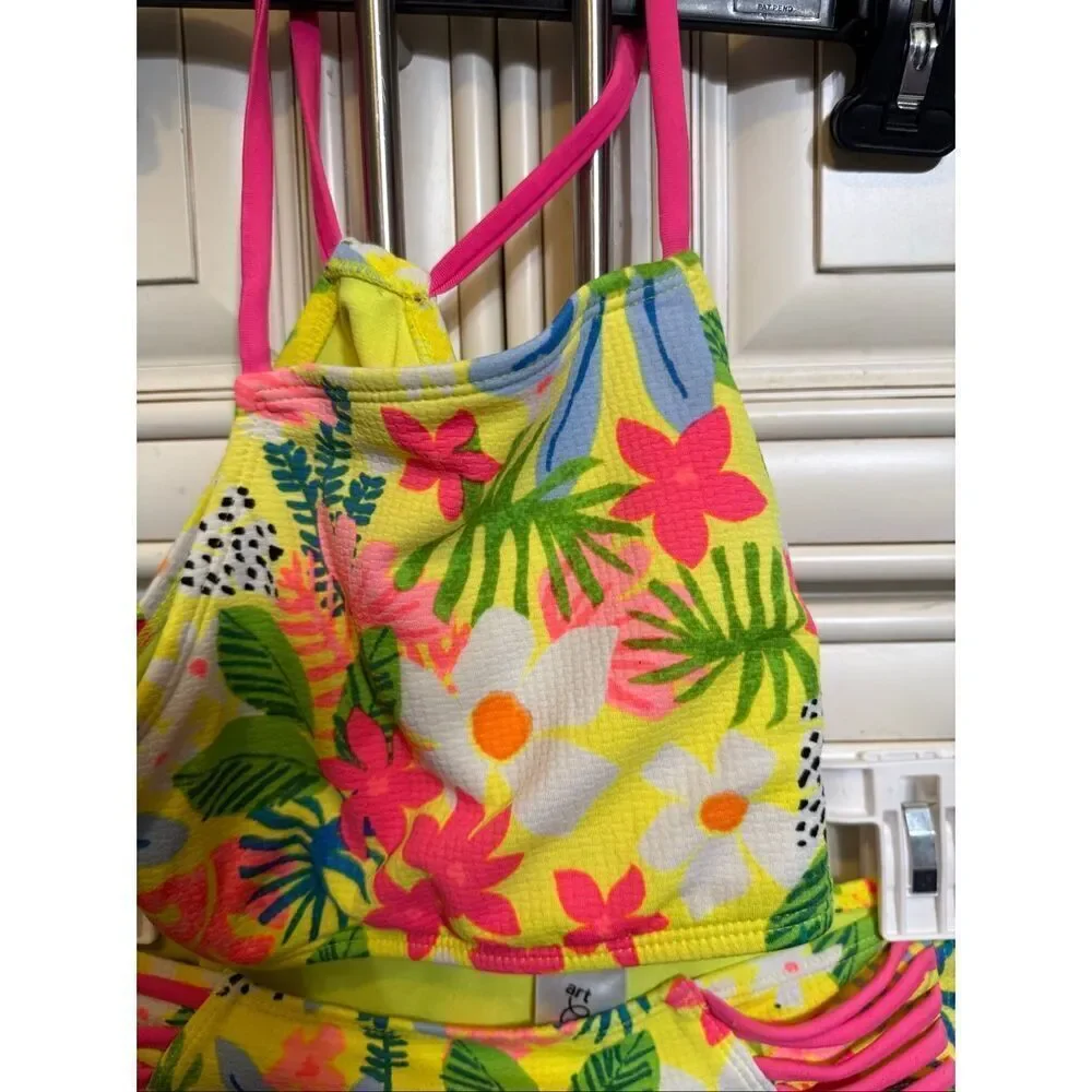 Art Class Girls Floral Tropical Two-Piece Bikini Set Yellow Pink Sz Large 10-12
